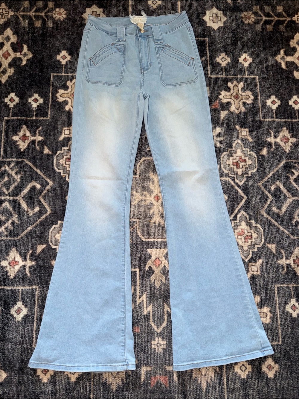 Reverse Light Blue Flare Jeans with Front Patch Pockets